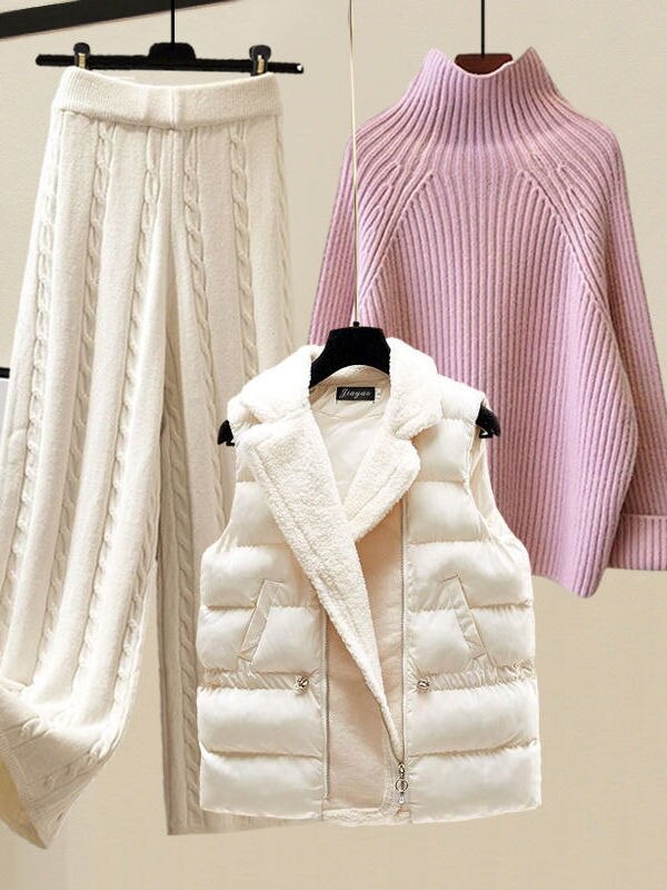 Winter Warm 3 Piece Sets Womens Outfits Office Ladies Turtleneck Knitted Sweater+woolen Parkas Vest+wide Leg Knitting Pants Sets