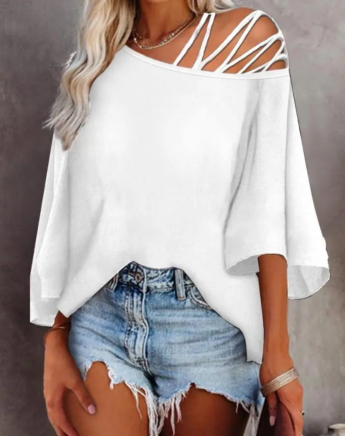 Summer New Fashion Top Casual Loose 7/4 Sleeve Top Bat Sleeve T-shirt Oblique Neck Women's Top Temperament Commuting Style