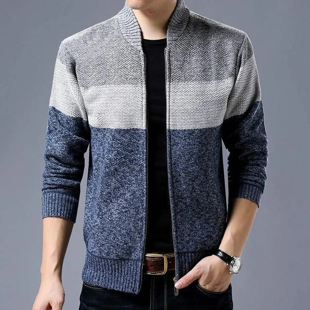 Spring Winter New Men's Cardigan Single-Breasted Fashion Knit  Plus Size Sweater Stitching Colorblock Stand Collar Coats Jackets