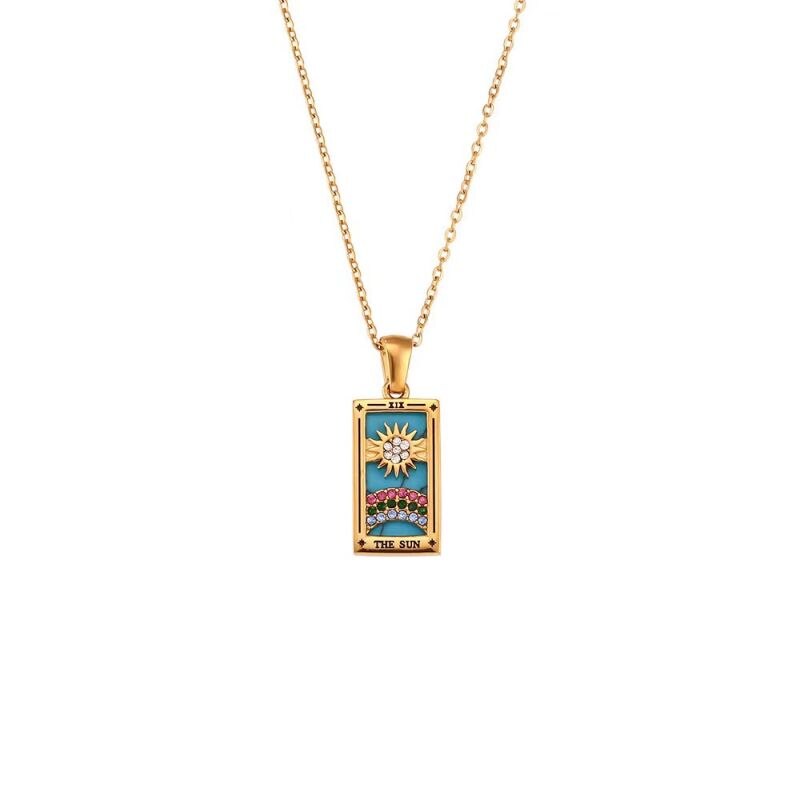Classic Tarot Cards Pendant Necklace For Women Colorful Design Love Hands Moon Sun Crystal Stone Necklace Gold Plated Jewelry