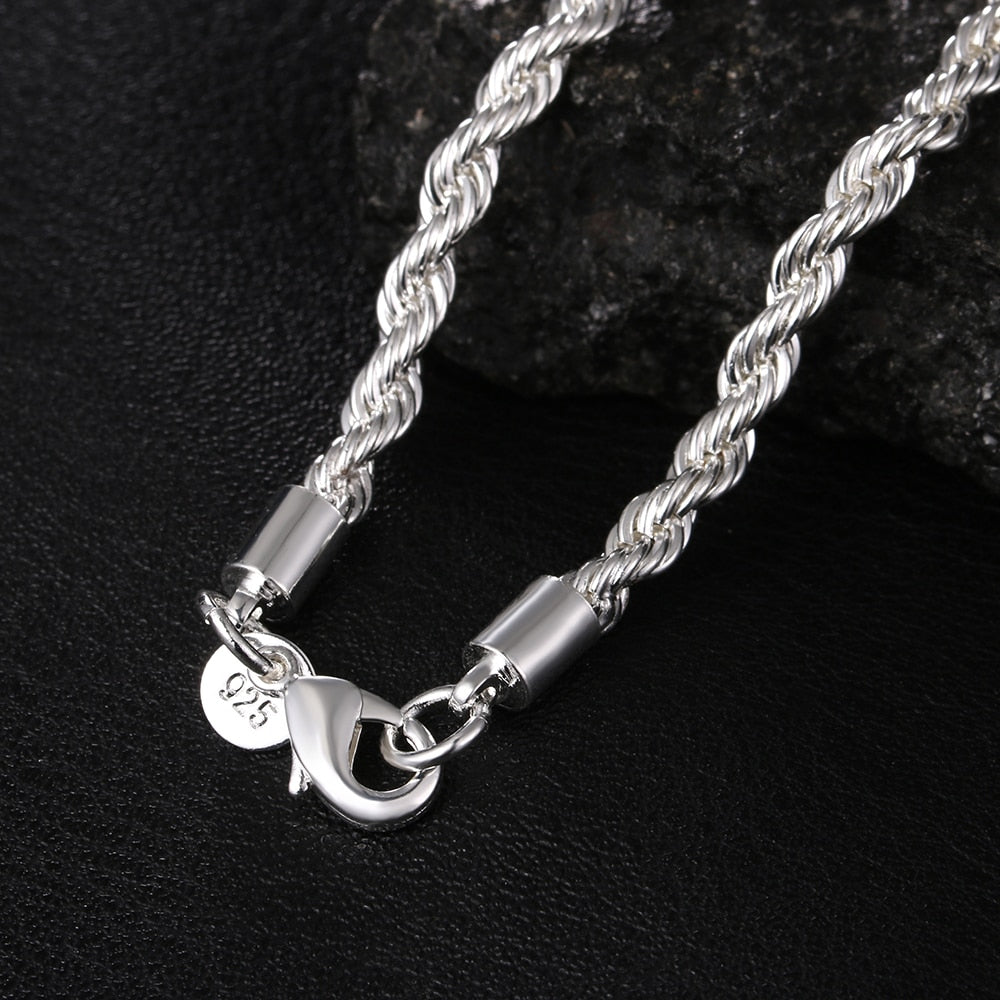 high quality 925 silver 4MM women men chain male twisted rope necklace bracelets fashion Silver jewelry Set