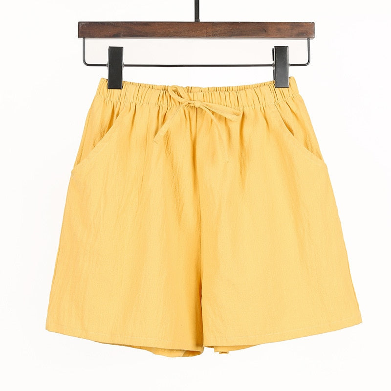 Women Shorts Spring Summer Loose Linen Cotton Solid Casual Korean Wide Leg Pant Drawstring Elastic Waist Bikers Shorts