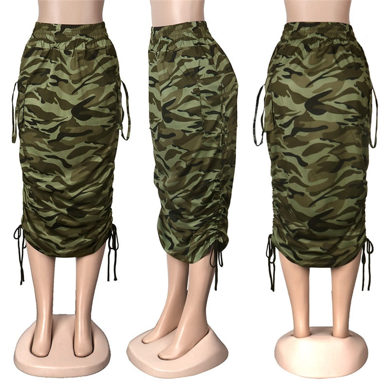 ANJAMANOR Camouflage Newspaper Print Draw String Ruched Long Skirts Women Clothing Fashion Sexy Pencil Skirts