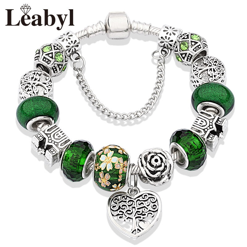 Silver Color Tree of Life Fashion Bead Bracelets Green Leaf Floral Crystal Charm Bracelet &amp; Bangle Pulsera Jewelry