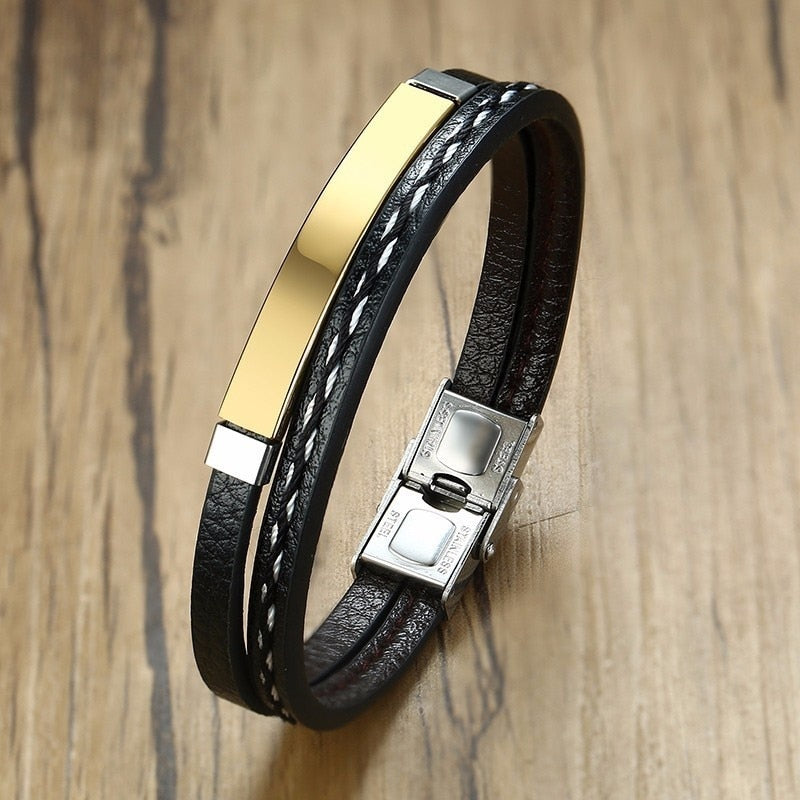 Delysia King Trendy Men Leatherwear Weave Bracelet Leisure Color Contrast Stainless Steel Bangle