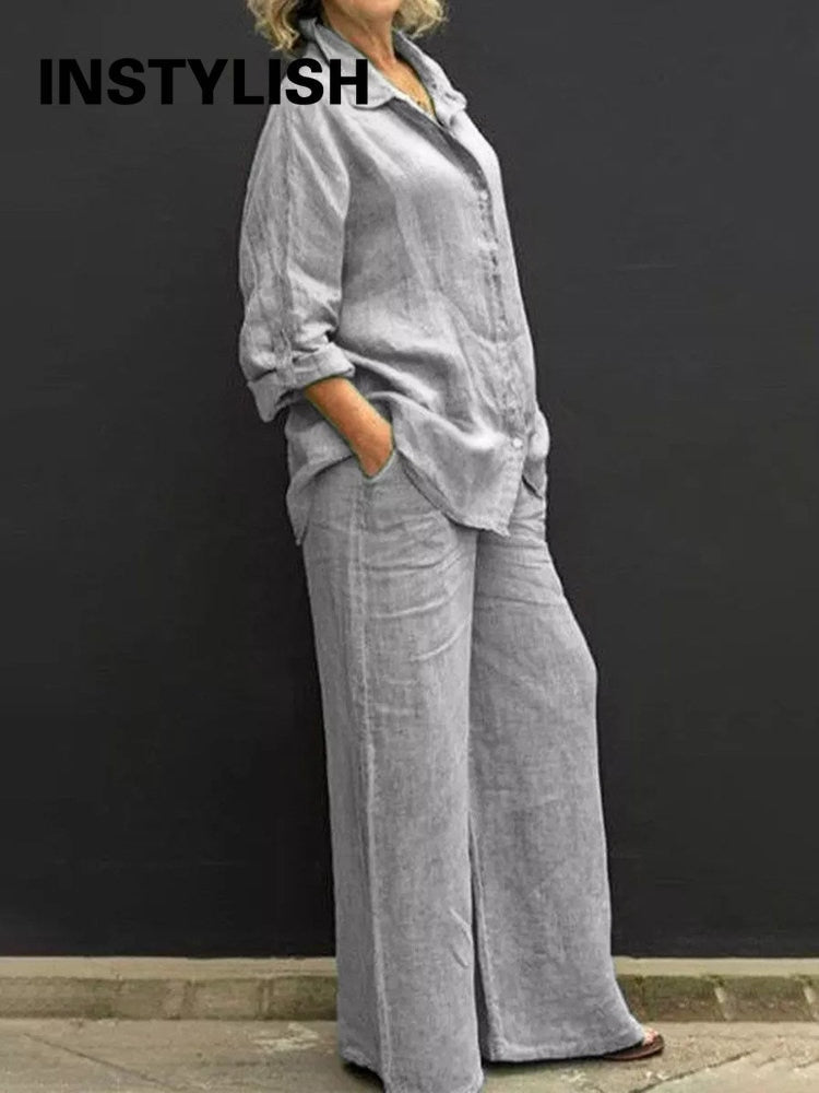 Women Autumn Linen Lapel Shirt Two Pieces Set Vintage Solid Long Sleeve Button Blouse and Loose Straight Pants Casual Suits