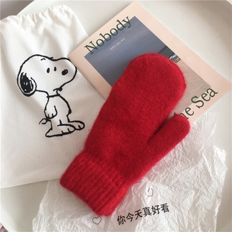 New Women Winter Keep Warm Plus Cashmere Solid Elasticity Soft Full Fingers Mittens Gloves Imitation Rabbit Fur Knitted Cute