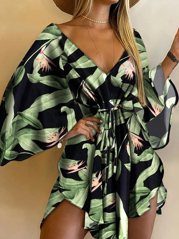 Fashion Women Sexy Deep V Neck Long Batwing Sleeve Mini Dress Print Tied Front Loose Fit Casual Dress