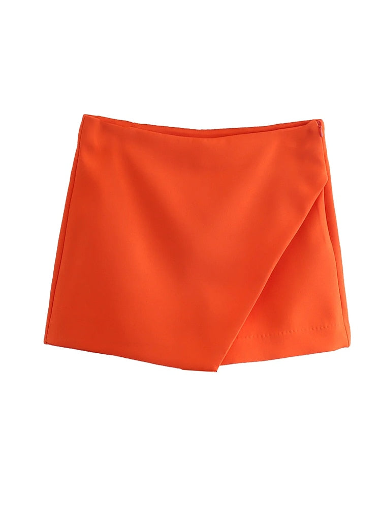 TRAF Women Fashion Asymmetrical Shorts Skirts Vintage High Waist Side Zipper Female Skort Mujer