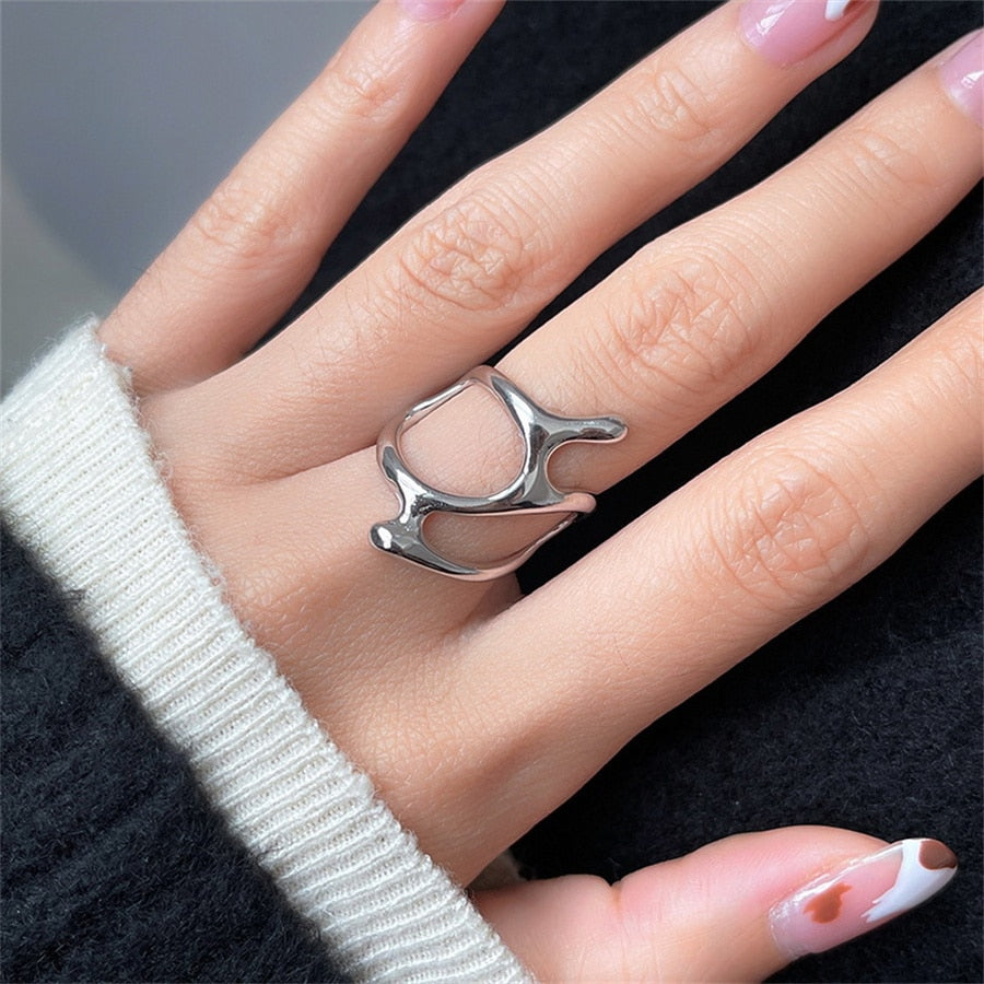 Punk Geometric Irregular Liquid Lava Waterdrop Shaped Open Rings For Women Vintage Silver Color Metal Rings Personality Jewelry