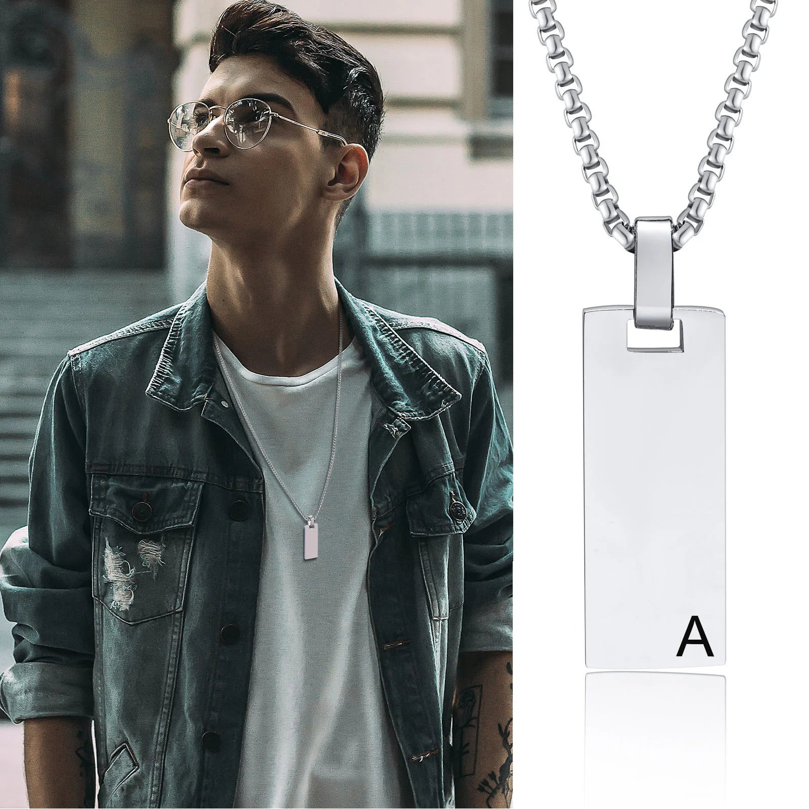 Men's Initial Vertical Bar Necklaces, Waterproof Stainless Steel Plain Geometric Pendant Collar, Personalize Custom Gifts Jewelry