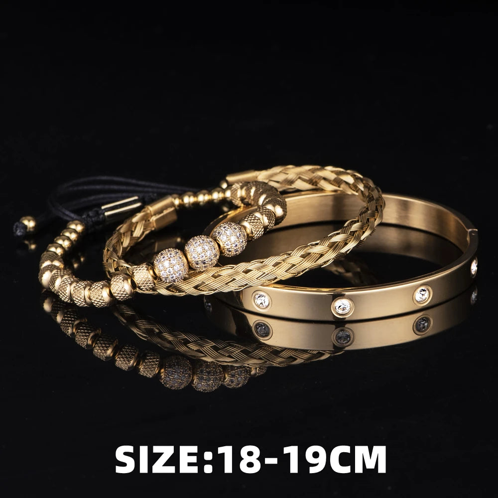 3pcs Luxury Micro Pave Round Beads Royal Charm Men Bracelets Stainless Steel Crystals Bangles Couple Handmade Jewelry Gift