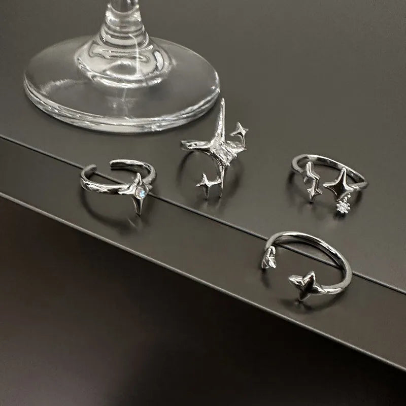Vintage Irregular Cross Star Couple Ring for Women Men Punk Gothic Sliver Color Adjustable Rings Y2K Egirl Jewelry Gift
