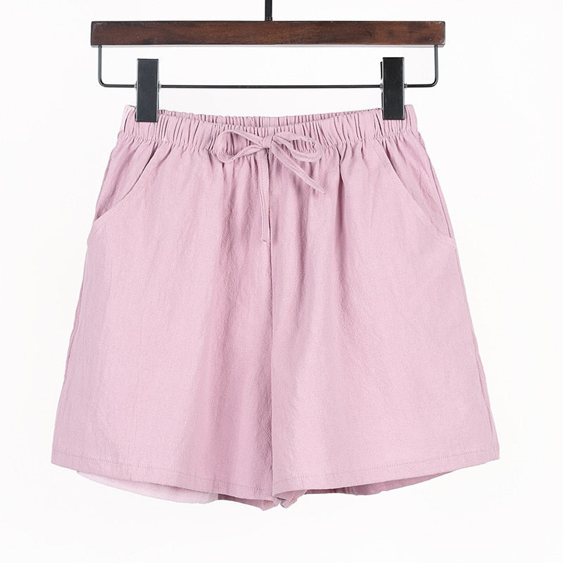 Women Shorts Spring Summer Loose Linen Cotton Solid Casual Korean Wide Leg Pant Drawstring Elastic Waist Bikers Shorts