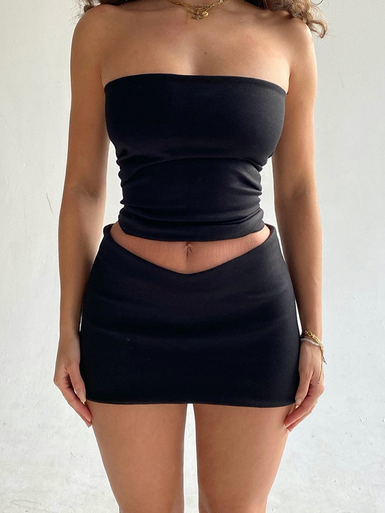 Hugcitar Solid Sleeveless Folds Tube Crop Top Skirts 2 Piece Matching Set Summer Fashion Streetwear Beach Clothing Drop Shipping