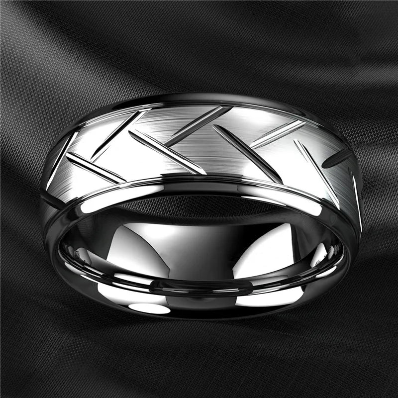 Fashion Men’s Silver Color Black Stainless Steel Ring Groove Multi-Faceted Ring For Men Women Engagement Ring Anniversary Gifts
