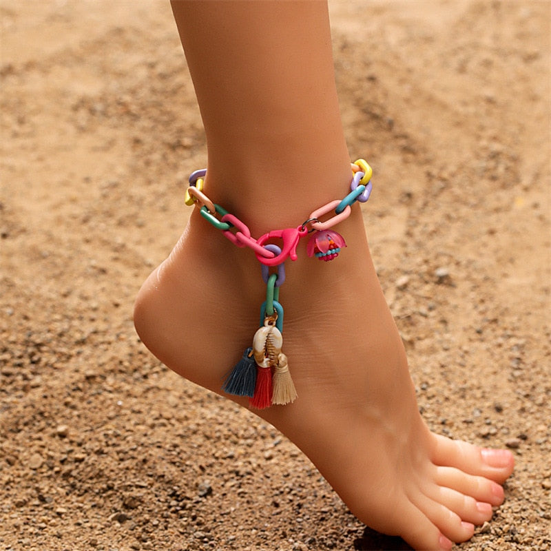 Handmade Multicolor Anklet for Women Bohemian Tassel Shell Candy Color Anklet Leg Summer Beach Jewelry