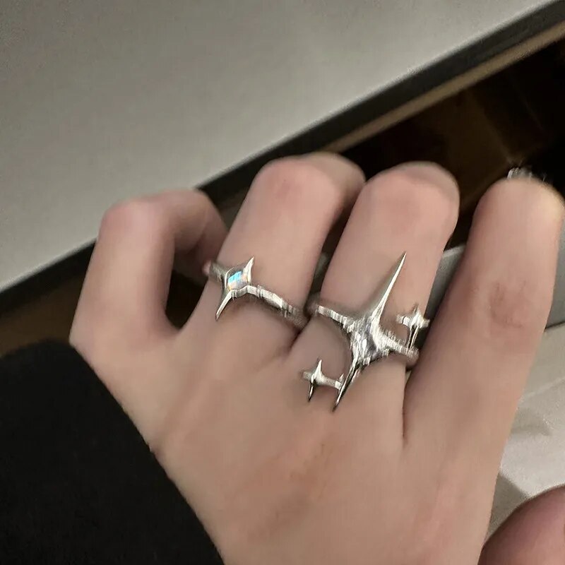Vintage Irregular Cross Star Couple Ring for Women Men Punk Gothic Sliver Color Adjustable Rings Y2K Egirl Jewelry Gift