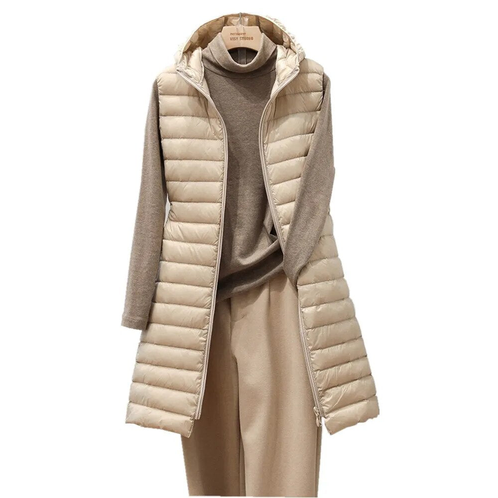 New female autumn and winter medium long hooded light down padded jacket waistcoat cotton vest