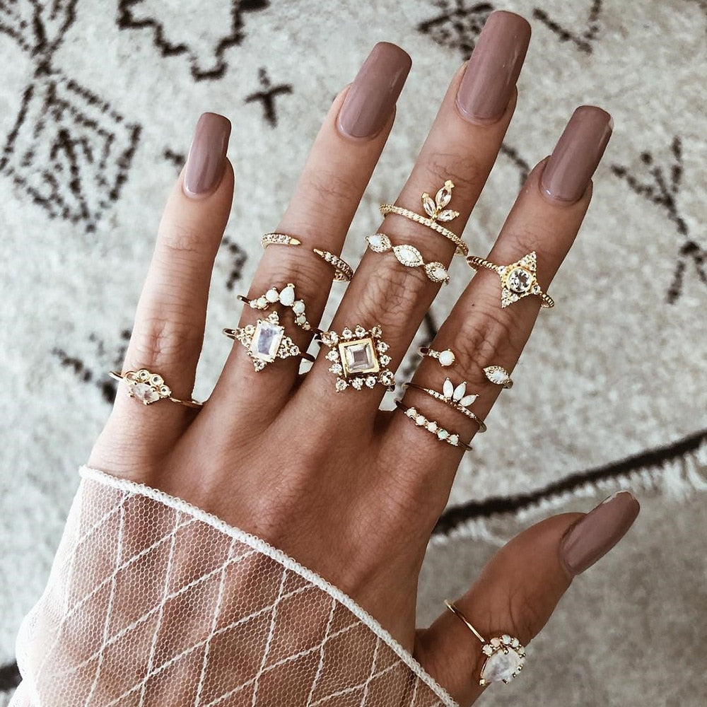Vintage Women Crystal Finger Knuckle Rings Set For Girls Moon Charm Bohemian Ring Fashion Jewelry Gift