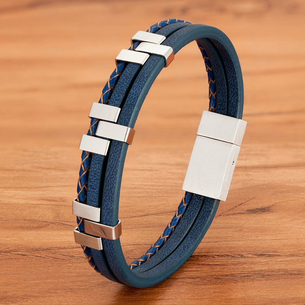 Black Brown Blue Color Three-Layer Stitching Accessories Stainless Steel Men Leather Bracelet Advanced Design Style Gift