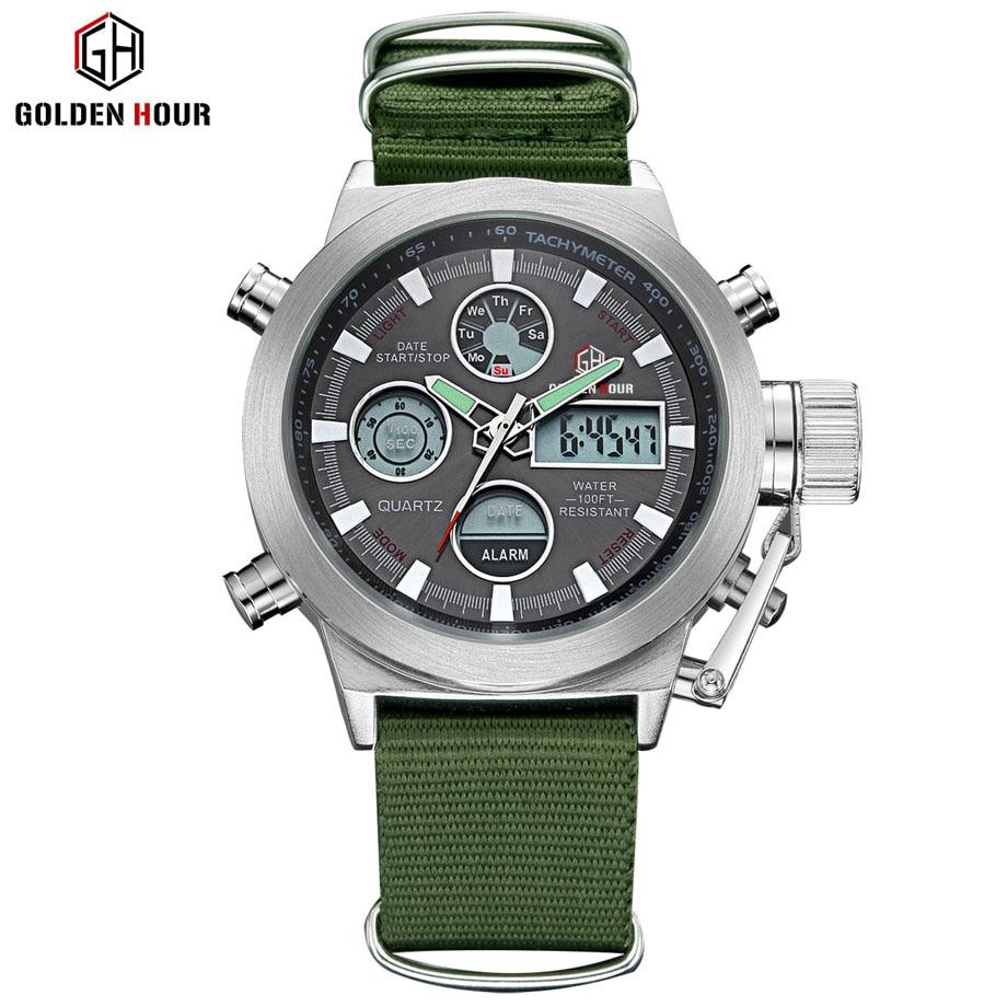 GOLDENHOUR Sport Men Wristwatch Fashion Men Quartz Watch Nylon Strap Week Display Army Military LED Clock Relogio Masculino