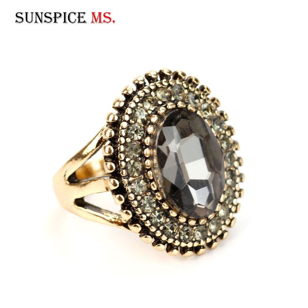 Sunspicems Retro Vintage Ellipse Gray Crystal Ring for Women Turkish Brand Design Antique Gold Color Ethnic Wedding Jewelry Gift