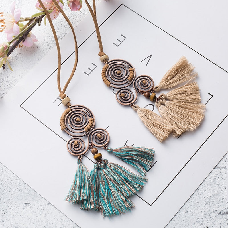 Women Charm Vintage Bohemian Ethnic Tassel Pendant Necklace Choker Long Leather Sweater Rope Clothing Jewelry Accessories