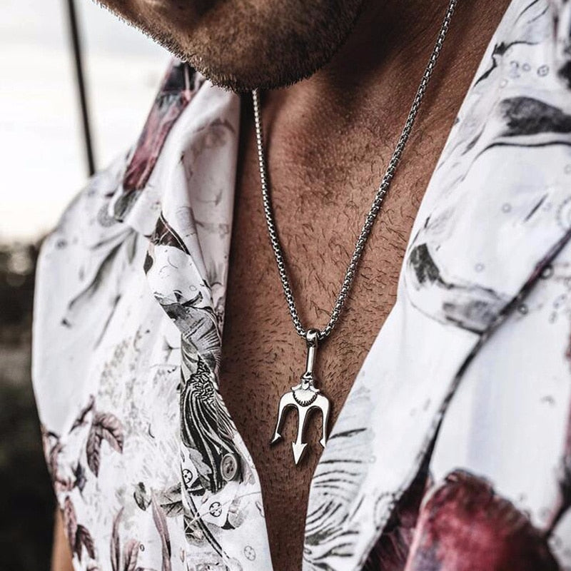 Necklace Man,Neptune Trident Pendant Necklace, Stainless Steel Men Statement Necklaces Sea Lover Gift