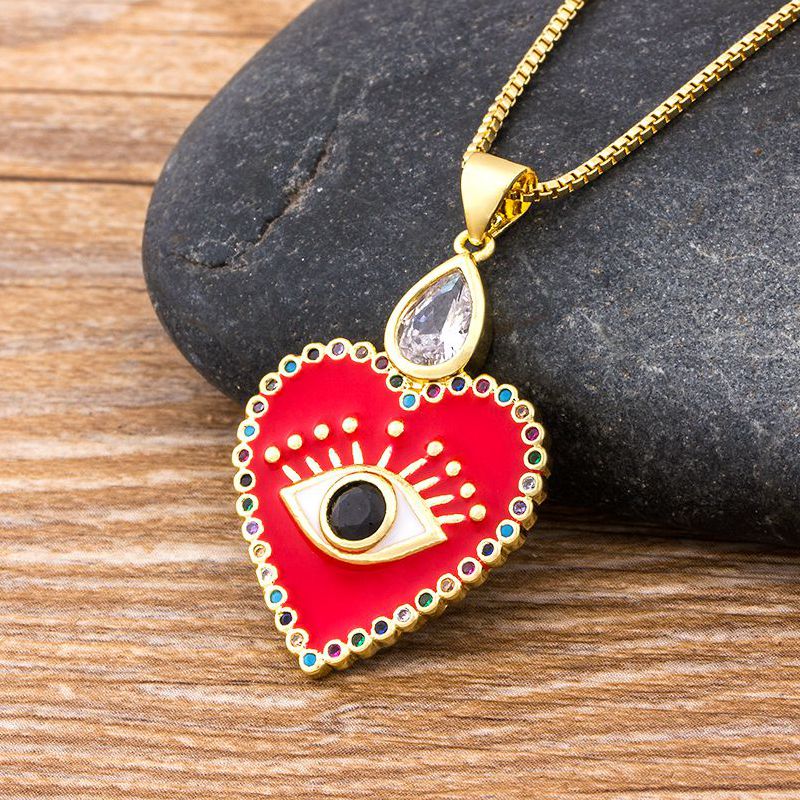 Hot Sale AAA Cubic Zirconia Copper Pendant Necklace Heart Shape Evil Eye Necklace Red, Black, White Colors Choice Women Jewelry