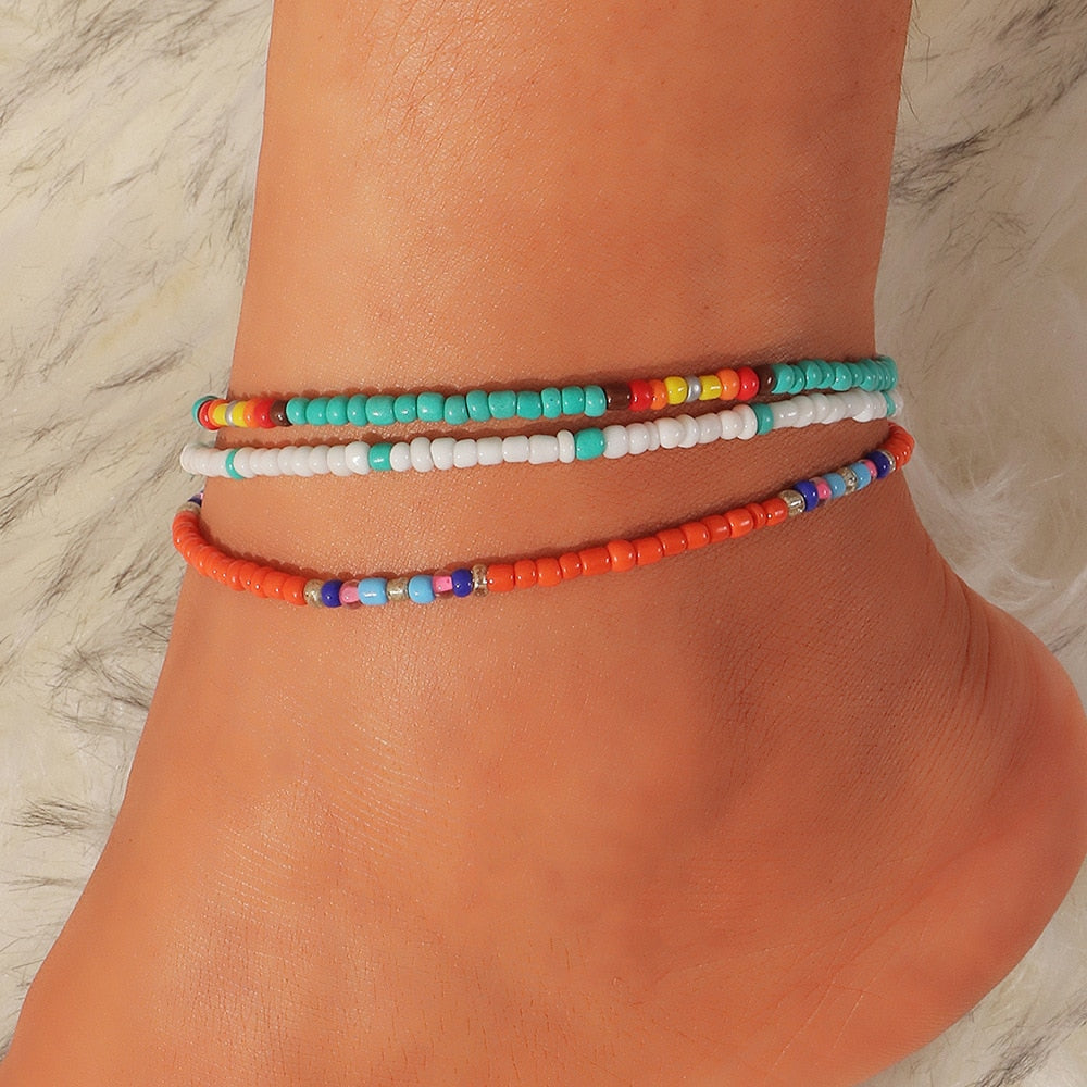 3pcs/set Bohemian Colorful Beaded Beads Anklets For Women Summer Ocean Beach Handmade Ankle Bracelet Foot Leg Beach Jewelry Gift