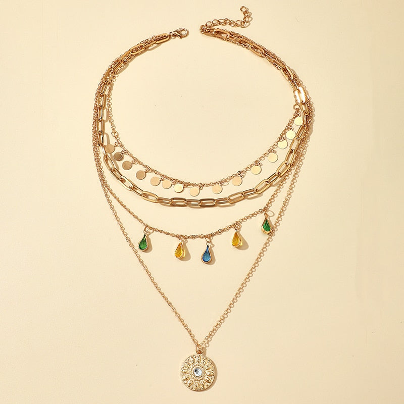 Water Drop Colorful Crystal Pendant Necklace for Women Gold Sequins Multilayer Necklace Female Party Jewelry