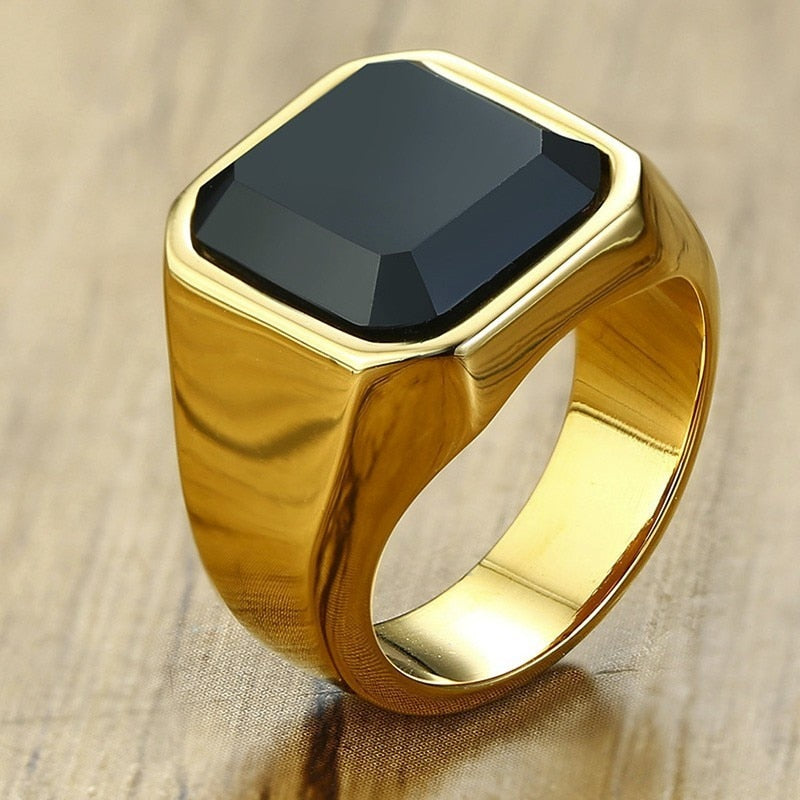 Man Ring Black Carnelian Signet Rings Stainless Steel Square Pinky Rings Gents Wealth And Rich Status Jewelry
