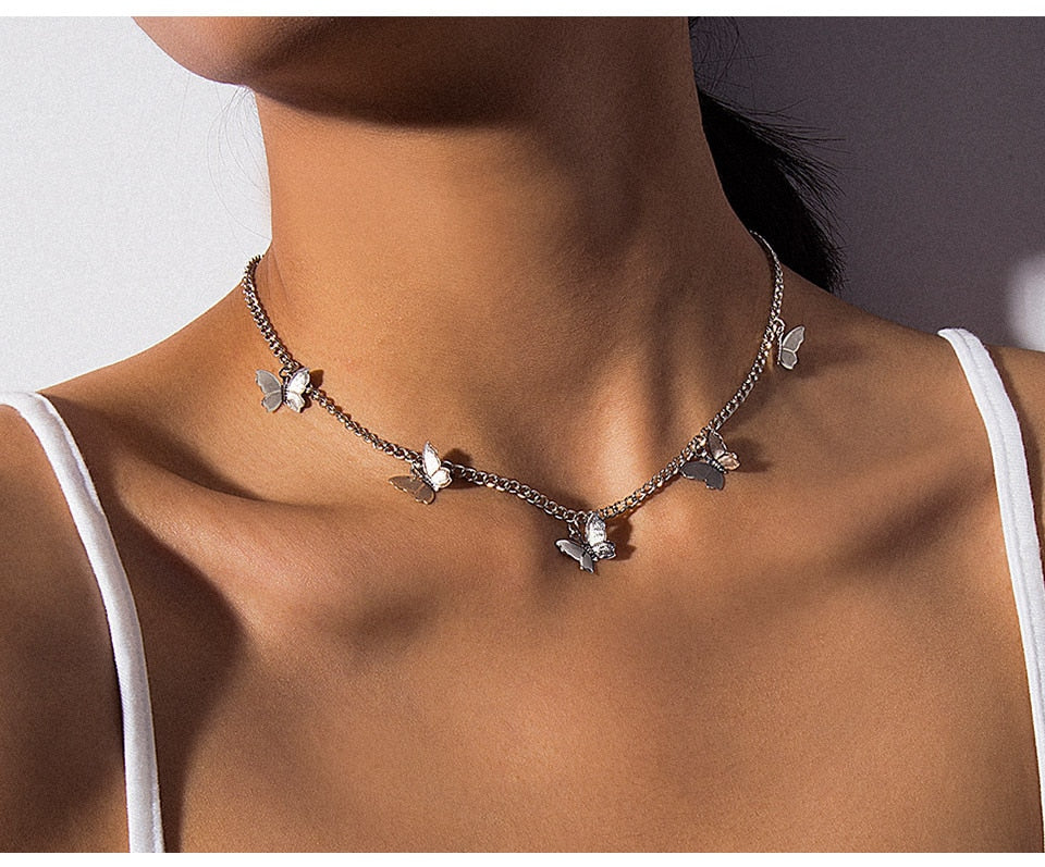 Fashion Choker Necklace Lovely Golden Silver Plated Butterfly Necklace Short Women Summer Holiday Romantic Gift Jewelry Wholesal