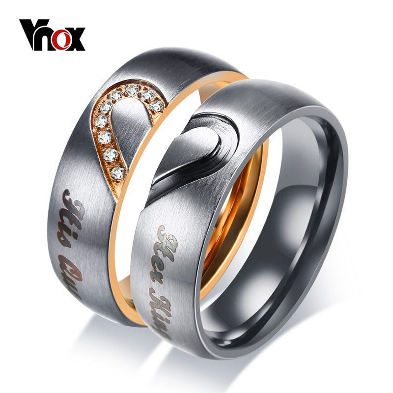 Vnox Her King His Queen Couple Wedding Band Ring Stainless Steel Stone Anniversary Promise Ring for Women Men