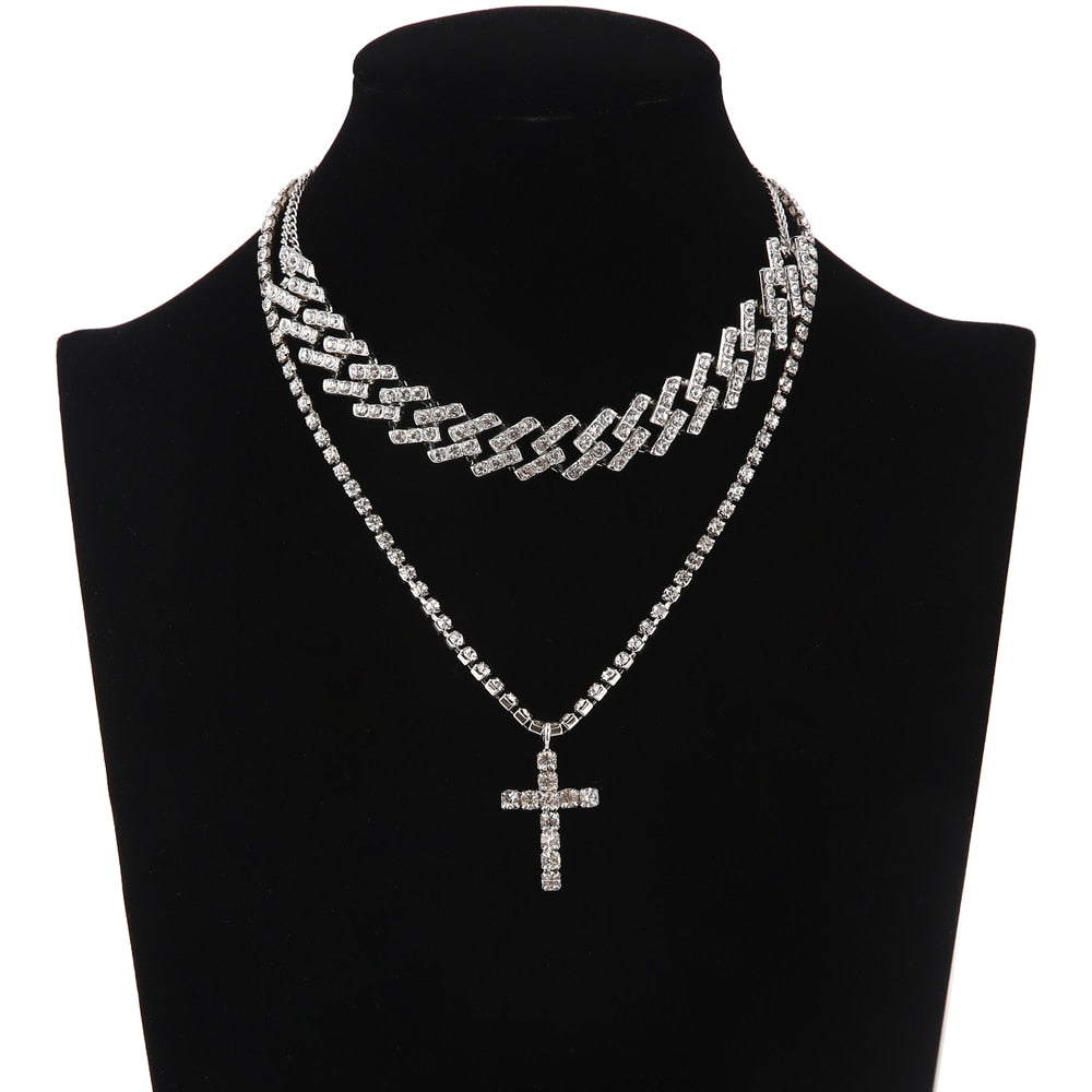 Cuban Link Necklace Set Cross Pendant Jewelry for Women Rhinestone Choker Luxury  Jewellery