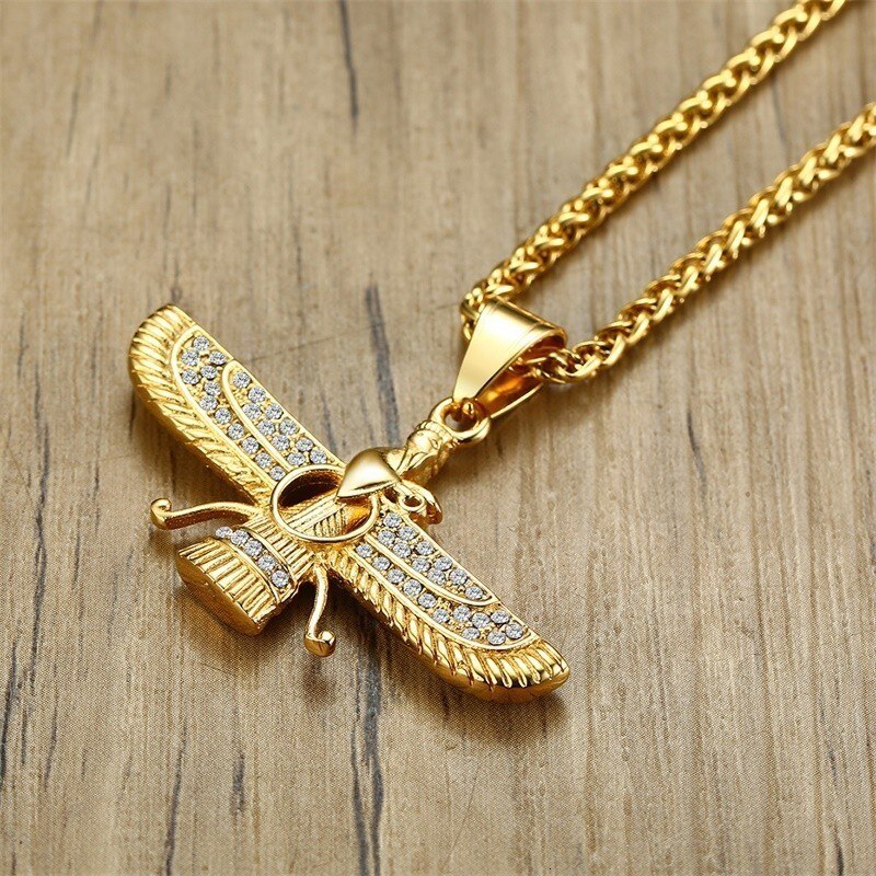 Vnox Vintage Zoroastrianism Necklaces for Men Gold Color Stainless Steel Islam Male Jewelry