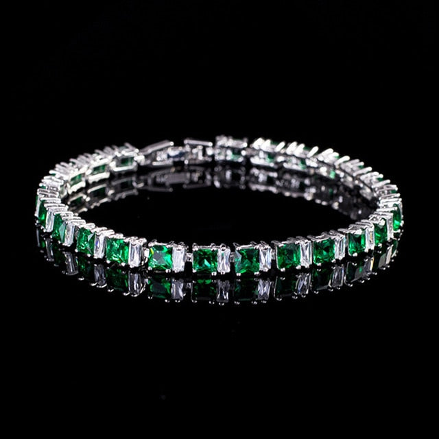 Pera 8 Color Options Square Created Green Crystal Tennis Bangle Bracelets for Ladies Silver Plated Women Wedding Jewelry