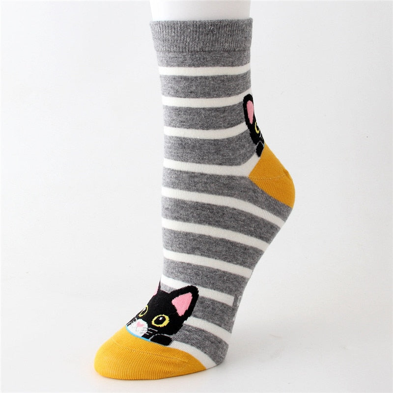 Kawaii Cute Women Striped Cartoon Socks Ladies Female Colorful Korean Style Cat Face Funny Animal Cotton Sock