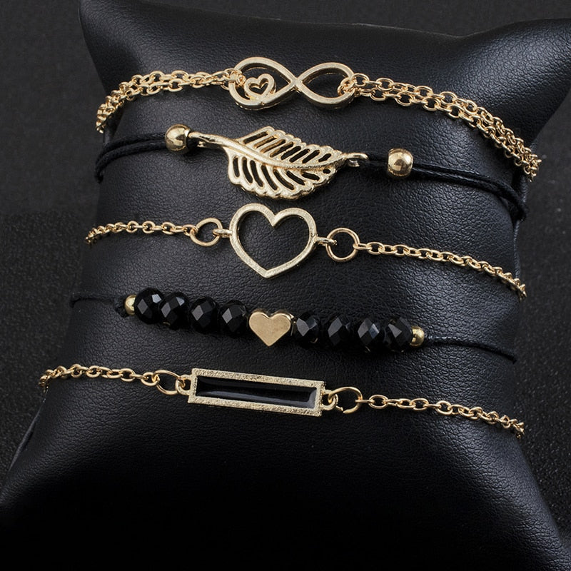 Modyle Bohemian Black Beads Bracelets Bangles For Women Fashion Heart Compass Gold Color Bracelets Sets Jewelry Gift