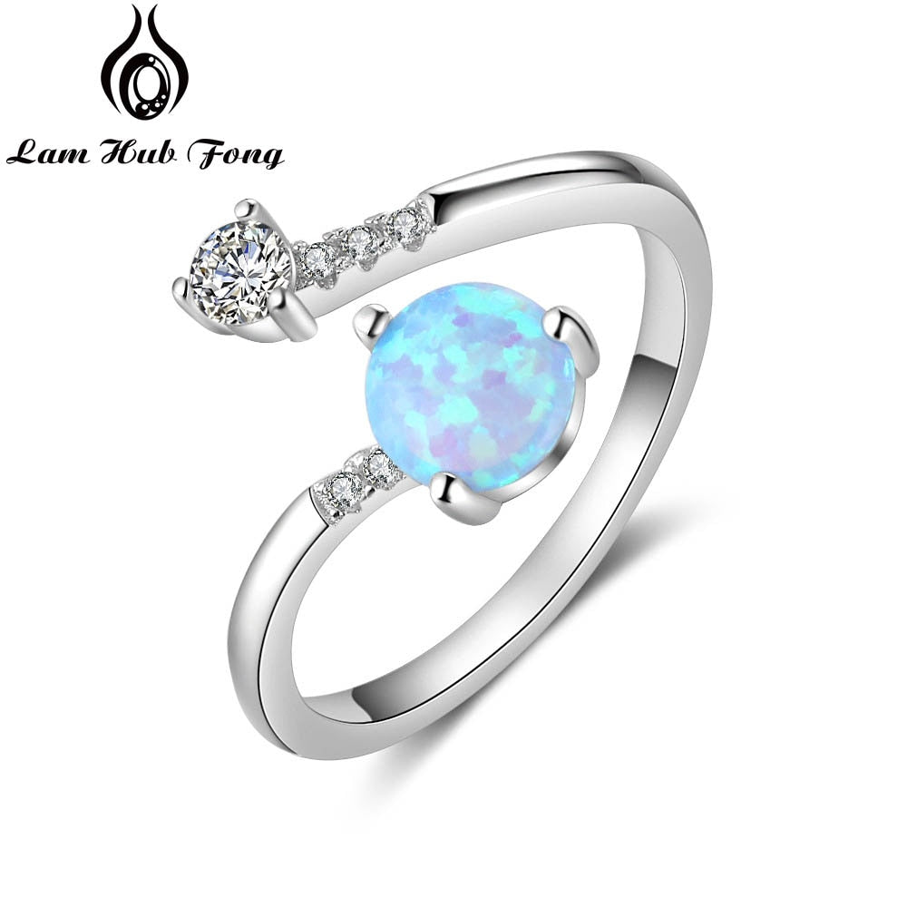 Silver Color Women's Rings Cubic Zirconia Adjustable Wrap Ring With Created Round Blue Opal Wedding Fashion Jewelry for Women