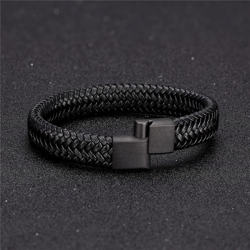 MKENDN Punk Men Leather Bracelet Black Stainless Steel Magnetic Clasp Braided Woven Bangle Pulseras lovers