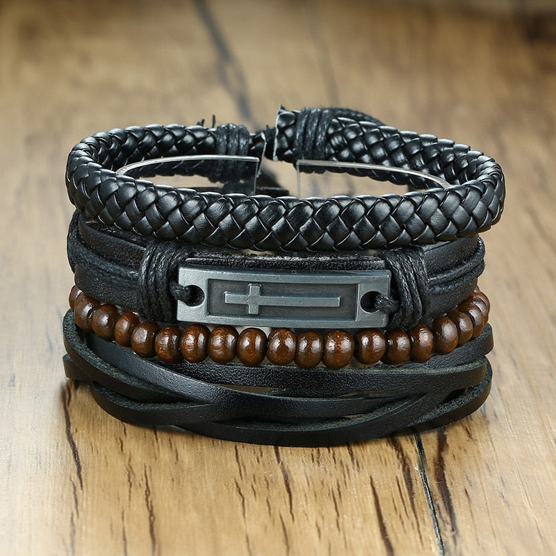 Vnox 4Pcs/ Set Braided Wrap Leather Bracelets for Men Vintage Life Tree Rudder Charm Wood Beads Ethnic Tribal Wristbands