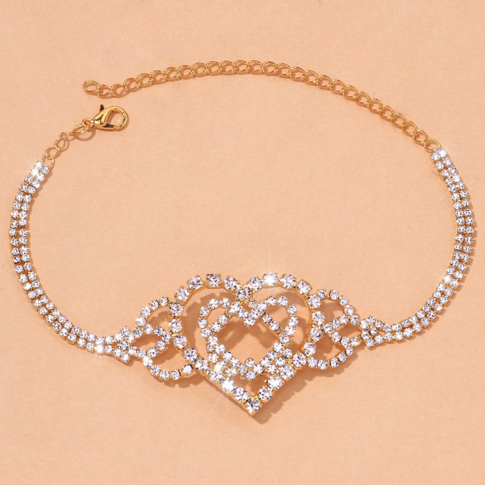 Stonefans Fashion Double Heart Anklet Rhinestone Jewelry for Women Bling Love Foot Anklet Bracelet Crystal Jewellery