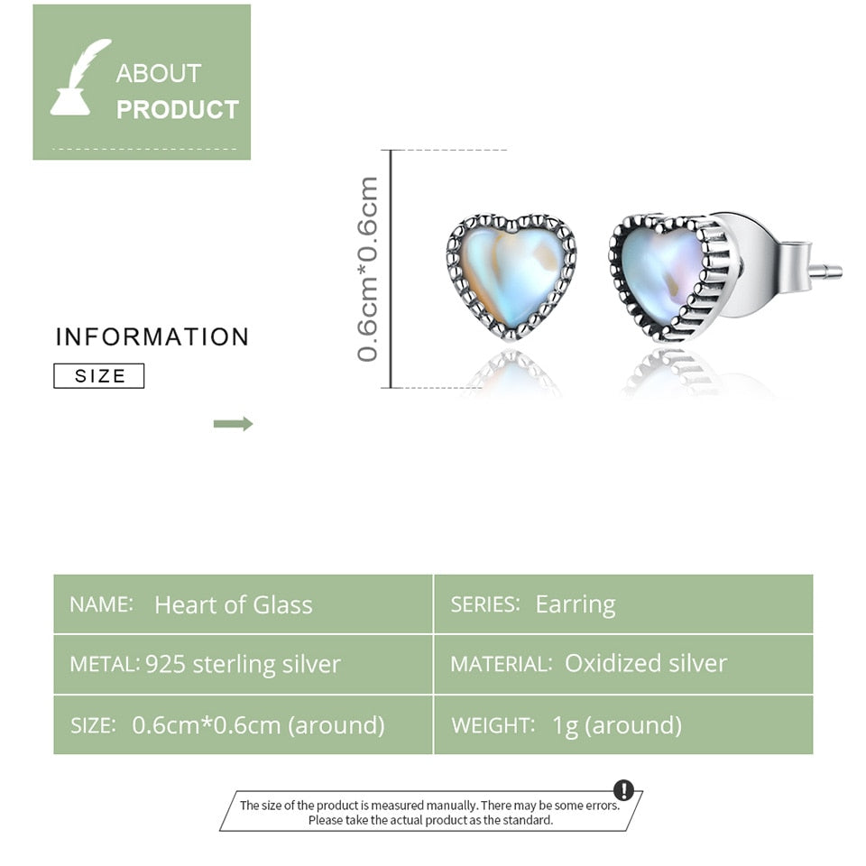 bamoer Genuine 925 Sterling Silver Heart of Glass Stud Earrings for Women Original Design