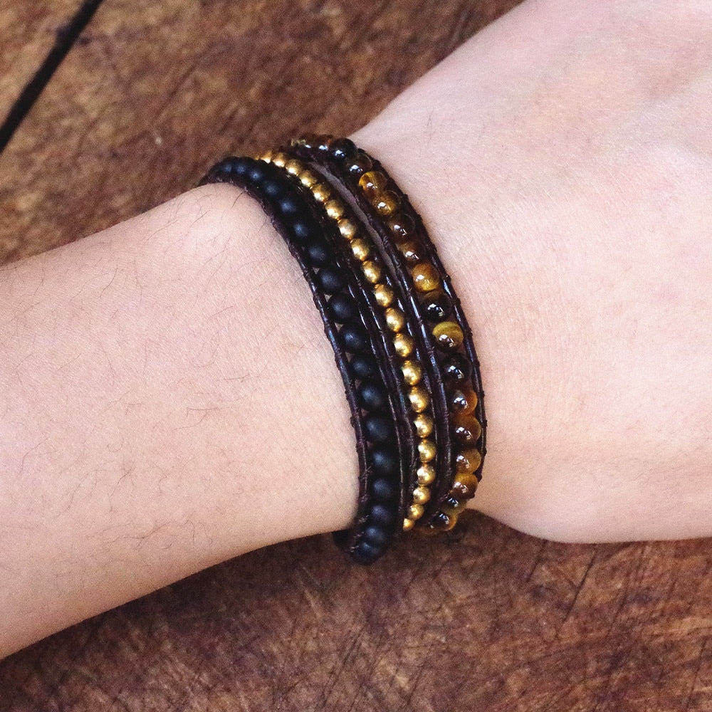 DIY Handmade Jewelry for Women Men Multilayer Leather Bracelet Natural Stone 4mm Tiger Eye Stone Beads Wrap Bracelet