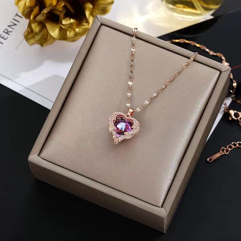 Luxury Zircon Crystal Ocean Heart Pendant Necklace For Women Fashion Stainless Steel Jewelry Female Wedding Neck