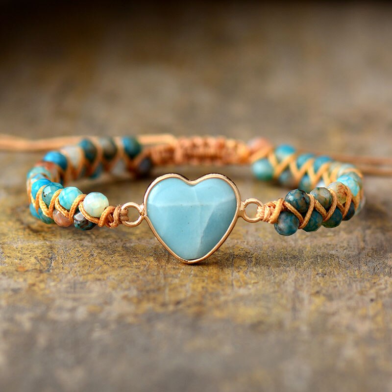 Classic Heart Shape Charm Bracelets Amazonite String Braided Macrame Bracelets Teengirls Wrap Bracelet Femme Women Jewelry