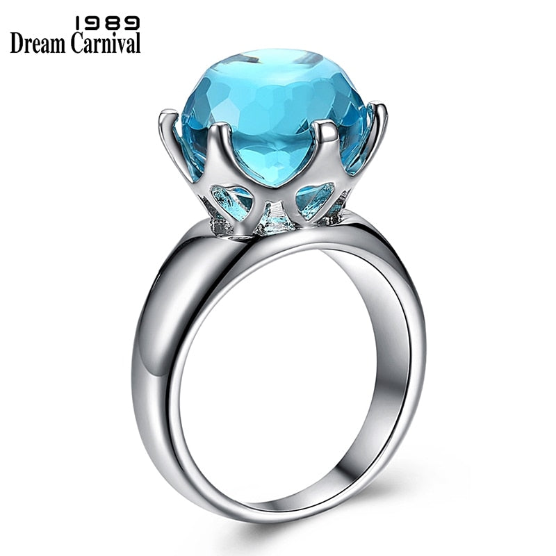 DreamCarnival 1989 Brand New Special Cut Solitaire Wedding Ring for Women Light Blue Color Zirconia 6 Prawns Crown