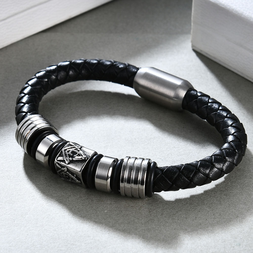 New Super Cool Men Magnetic Buckle Genuine Leather Bracelet Stainless Steel Masonic Bracelets Men Jewelry